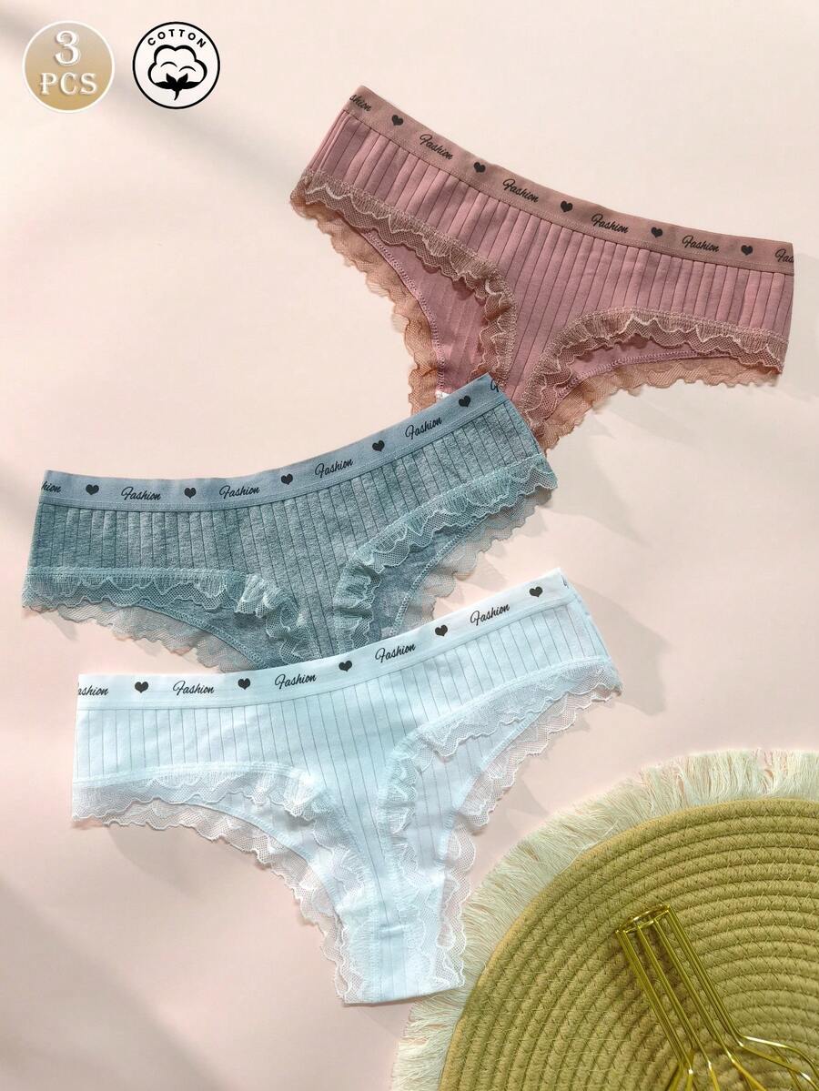 Set de 3 bragas de mujer con diseño de encaje y texto, de unicolor, de tiro bajo y que levantan la cintura - Multicolor - Ver 1