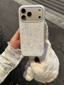 Autumn/Winter Indie Aesthetic Glitter Rabbit & Fish Illustration Phone Case Compatible With IPhone 13/13P, 14/14 Pro Max, 15, 16/16 Pro Max, 17 Pro, Cute Design - White - View 2