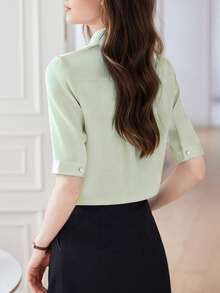 V-Neck Tie Blouse For Women, Fashion High-End Versatile Solid Color Elegant Professional Commuter Design Shirt - Green - View 3