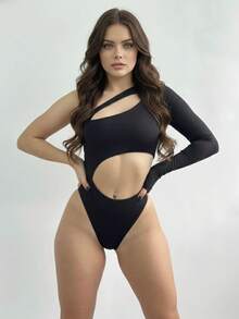 Women's One-Sleeve Bodysuit With Cutout Waist, Stylish Party/Event Dress, Double Lining, No Padding, Fashionable, International Style, Casual, Asymmetrical Cutouts - 黑色 - 查看 2
