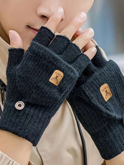 男士冬季手套（1只装） - 提花半指翻折针织，厚实保暖腈纶面料，纽扣闭合，仅限手洗或干洗，适合户外休闲活动