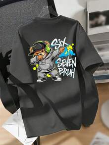 Tween Boy Hiphop Cartoon Teddy Bear "SIX SEVEN BRUH" Graphic T-Shirt, Suitable For Boys Street, Casual, School, Event Wear, Summer Top - Dark Grey - View 6