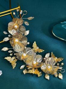 1pc Fashionable Versatile Crystal & Faux Pearl Bridal Sash/Belt, Suitable For Wedding Dress, Daily Party, Holiday Gathering - Gold-white Organza - View 12