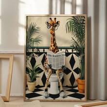 1幅现代抽象帆布海报，描绘了一只长颈鹿在厕所里 | 动物主题墙饰，色彩鲜艳，适用于各种房间，无框哑光 - 彩色 - 查看 2