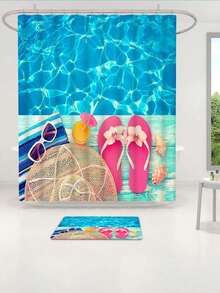 1/4 Stücke Blauer Traumhafter Ozean bedruckter wasserdichter Duschvorhang, Badezimmer Dekor Set mit Ozean Elementen, inklusive Badematte, U-förmige Toilettenmatte, dekorative Haken, moderne Badezimmer Accessoires für Zuhause, waschbarer Polyesterstoff, geeignet für Hotel, Apartment, Zuhause - Mehrfarbig - Übersicht 5