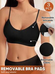MEIYATING 3件装细肩带吊带背心，带衬垫文胸，一次性文胸内衣，女士日常通勤 - 彩色 - 查看 5