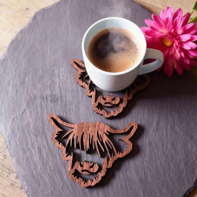 4pcs/Set Highland Cow Hollow Decoration, Scottish Style Coasters, Valentine's Day Gift, Can Be Used For Home Decoration, Holiday Decoration