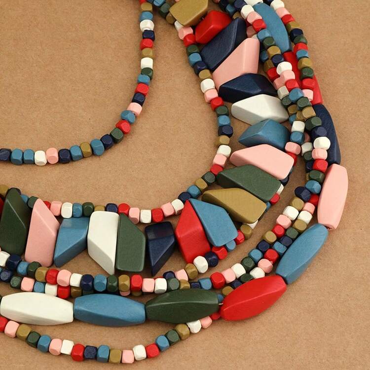 1件手工多层夸张木珠项链，波西米亚风海滩度假派对中东晚宴优雅复古珠宝项链，女士款 - 彩色的 - 查看 6