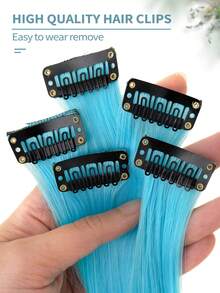 5pcs Set Light Blue Hair Clips Extensions, Women Synthetic Fiber Wigs, Can Match Various Hairstyles Without Going To Salon, Suitable For Daily And Party Use - Baby Blue - View 9