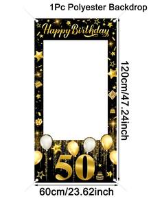 1件黑色金色亮片生日派對拍照道具，60x120cm 50歲生日快樂拍照相框背景布，聚酯纖維布料，50歲生日派對裝飾適用於男女，生日派對用品，2D平面 - 彩色 - 查看 3