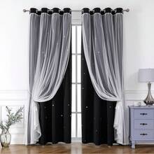2 Panels Black Blackout Curtains With Star Cutouts, Solid Color Curtains With Lace Voile Layers, Suitable For Bedroom, Living Room - Black - View 12