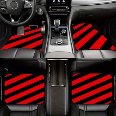 4pcs Black & Red Striped Car Floor Mats, Personalized Interior Protection Automotive Mats, Universal Fit For Cars, Trucks And SUVs - Perfect Gift For Family Or Friends On New Year, Christmas, Valentine's Day, Easter, Carnival And Other Holidays, Trunk Mat, Best Choice For Christmas
