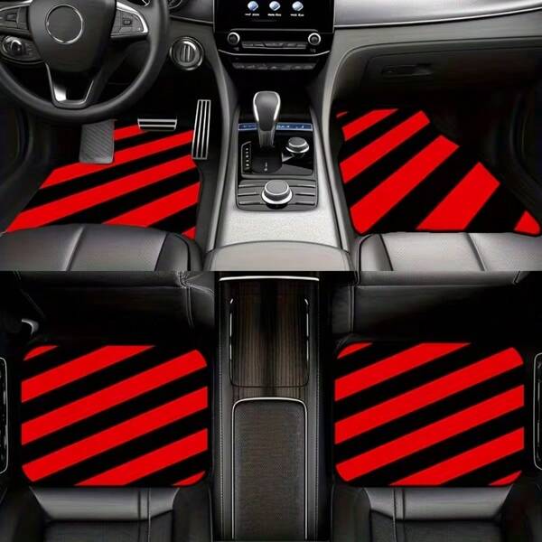 4pcs Black & Red Striped Car Floor Mats, Personalized Interior Protection Automotive Mats, Universal Fit For Cars, Trucks And SUVs - Perfect Gift For Family Or Friends On New Year, Christmas, Valentine's Day, Easter, Carnival And Other Holidays, Trunk Mat, Best Choice For Christmas