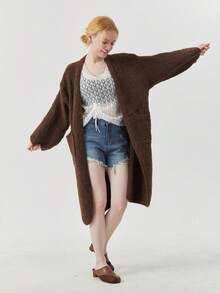 女士优雅涤纶针织长款开衫，长袖，大口袋，不对称下摆 - 棕色 - 查看 11