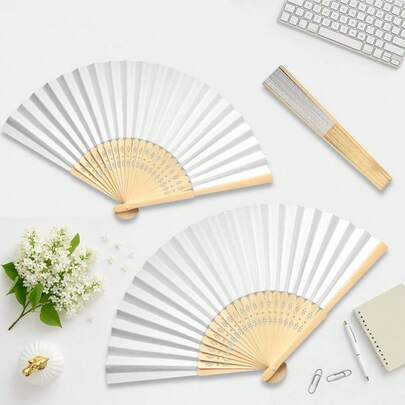 3 Stück/Set vielseitige weiße blanko faltbare Papierfächer, geeignet für DIY-Dekoration, Hochzeitsparty-Geschenke und Heimdekoration, praktische vintage minimalistische Bambus-Handventilator zum Falten für Frauen, Geschenke zum Lehrertag, Frauenzubehör, exquisite praktische handgemachte DIY-Faltfächer zum Bemalen und Üben