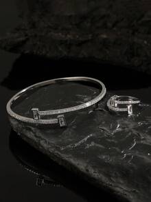 rakol Bộ 2 nhẫn và vòng tay trang trí bất đối xứng đính đá Cubic Zirconia thời trang. - Bạc - Xem 4