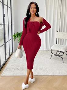 AIJ Amarilo 罗纹针织两件套，女士春夏蝴蝶结修身中长连衣裙和长袖纽扣短款开衫套装，休闲日常约会装 - 棗紅色 - 查看 3