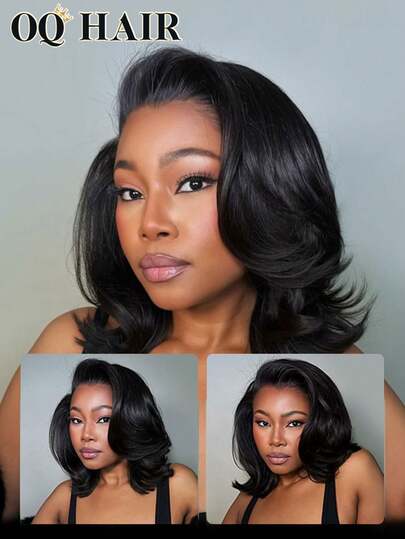 OQ 200% 密度 10-16 英寸柔顺水波波头无胶假发，预剪裁 7x5 透明蕾丝前假发，自然黑色，预拔发际线，适合新手佩戴 - 无需胶水，100% 真人发丝，透气帽，轻盈舒适，适合日常佩戴，掉发极少，可打造办公室、万圣节、派对、Y2K、叛逆、度假、户外、角色扮演、学校、节日、圣诞节、婚礼等多种造型，适合女性