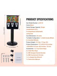 Commercial Vending Machine, Triple Compartment Candy Dispenser With Iron Stand, Gumball And Candy Machine For Business, Coin Operated Gumball Bank For Toy Capsules Bouncy Balls Candy Nut, Black - Black - View 7