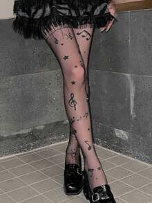 1 Pair Kawaii Musical Note & Piano Print Sheer Tights, Japanese Lolita Style - Multicolor - View 3