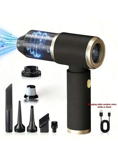 Easypie Selection 大功率手持式车载吸尘器，家用/车载两用，哑光黑金配色，香槟金装饰环设计，可水洗滤网，USB-C快充，吸力强劲，轻松清洁汽车座椅、宠物毛发和键盘，是露营和旅行的必备良品。车载配件套装包含充电线。