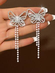 奢华银色水钻蝴蝶仿珍珠流苏耳环 | 派对及约会之夜浪漫配饰 - 銀色 - 查看 4