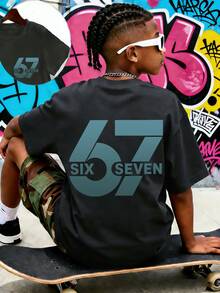青少年男孩流行“SIX SEVEN 6 7”数字字母印花T恤，适合男孩街头、校园、活动、日常穿着，时尚夏季上衣 - 深灰色 - 查看 1