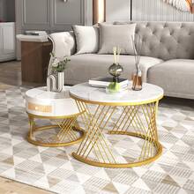 okwish Marble-Effect Coffee Table Set Of 2, 70 X 45 Cm And 50 X 38.5 Cm, Round Shelves, Rattan Drawer Living Room Table, Sofa Table, Side Table With Solid Wood Handles - Gold - View 3