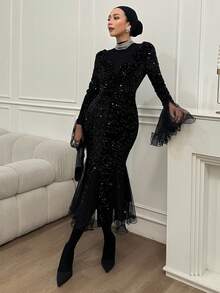 DAZY 女士V领喇叭袖亮片连衣裙，晚礼服，春夏舞会礼服，派对女士荷叶边返校礼服，奢华优雅女士连衣裙，新年夜礼服，情人节闪亮连衣裙 - 黑色 - 查看 2