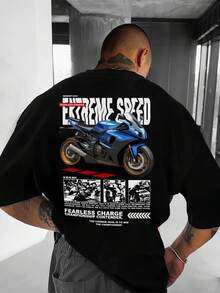 Zrgoth Men's Casual Versatile Minimalist Motorcycle Racing Themed Print Short Sleeve T-Shirt - Black - View 2