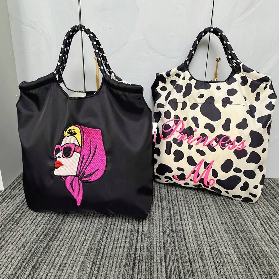 大容量可折叠尼龙手提包，饰有人头刺绣，单肩手提包 - 彩色 - 查看 1