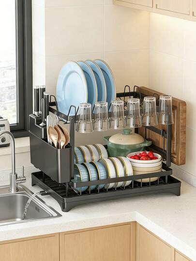 Large-Capacity Double-Layer Kitchen Storage Rack - Metal Dish And Utensil Rack With Drainage Function, Suitable For Bowls, Cups, Cutting Boards