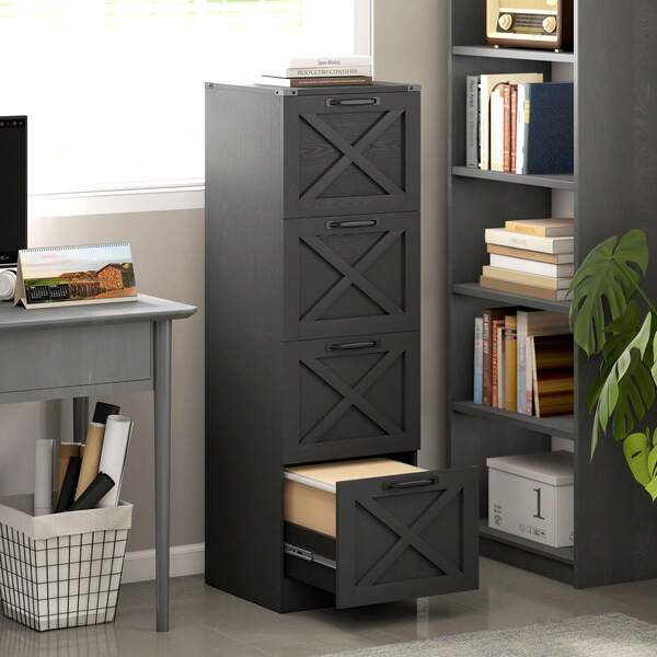 HOMCOM 4 Drawer File Cabinet With Silent Slides, Vertical Farmhouse Filing Cabinet With Adjustable Hanging Rails, Fits Letter/A4 Size, Printer Stand For Home Office, Black