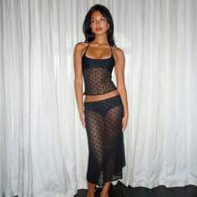 Awevudst Women Summer Sheer Mesh 2Piece Outfit Polka Dots Print Halter Neck Crop Cami Top + Bodycon Low Waist Midi Skirts Set Beachwear Swimsuit Cover Ups - 黑色 - 查看 2