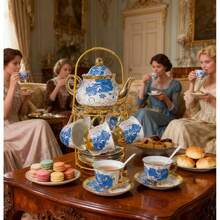 Gold Plated Red Rose Ceramic Tea Set, Vintage Tea Sets With Teapot, Beautiful Tea Set Coffee Serving 6 People (Blue Rose, Large) - BlueRose - View 5