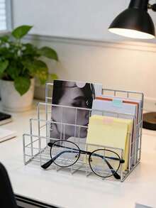 1pc Modern Metal Bookshelf With 3 Storage Baskets, Minimalist Ins-Style Iron Desktop Organizer Rack, File & Letter Holder, Desk Document Tray, Storage Basket, Black Metal Grid Small File & Letter Organizer, Fashionable Office File/Document/Information Holder, Back To School, Study Supplies, Display Cabinet, Shelving Unit, Decorative Rack - Three-compartment Envelope Holder - View 11