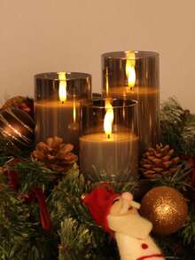 3 Flameless LED Candles, Tabletop Decorative Lights, Flashing LED Column Candles, Battery-Powered Electronic Candles, Artificial Candles, Centerpieces For The Table, Wedding Decorations, Holiday Party Decorations, Mother's Day & Independence Day Decorations - Grey - View 6