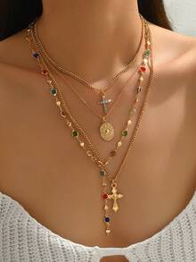 Set de 4 collares elegantes y de moda con colgante de cruz de cristal, diseño de nicho multicapa, adecuado para uso diario, viajes, fiestas, festivales de música, con arreglo de cristales de color aleatorio - Multicolor - Ver 1