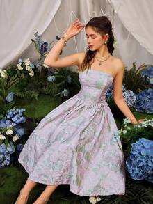 Faeriesty 优雅的提花无肩带中长连衣裙，适合浪漫花园婚礼拍摄、新娘写真和户外仪式庆典。 - 粉色 - 查看 4