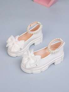 1 par de botas de cuero blancas para niñas con lazo y decoración de perlas, zapatos de princesa simples y dulces, suela blanda y cómoda plana, zapatos de estudiante, zapatos de tacón grueso y cómodo para niñas, adecuados para uso al aire libre, fiestas y ocasiones formales - Blanco - Ver 6