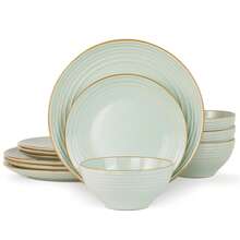 Richmount Dinnerware Set For 4 People, Stoneware Dinnerware Set With Speckled And Ribbed Pattern, Complete With Plates And Cereal Bowls, Dishwasher And Microwave, Scratch Resistant - Xanh lá nhạt - Xem 1