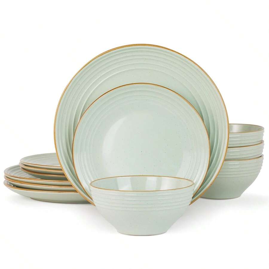 Richmount Dinnerware Set For 4 People, Stoneware Dinnerware Set With Speckled And Ribbed Pattern, Complete With Plates And Cereal Bowls, Dishwasher And Microwave, Scratch Resistant - Xanh lá nhạt - Xem 1