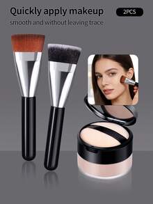 2pcs Dual-Tone Powder Brush Set, Soft Flat Top Blush Brush For Smooth, Even Makeup Coverage, Daily Use - Black - View 4