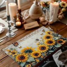 4pcs Retro Sunflower Butterfly Table Mats | Non-Slip, Wipe Clean Dining Table Mat Set For Party, Kitchen Dining Decoration, Linen Material - 12x18inch - View 4