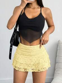 Shorts cómodos de encaje con unicolor, versátiles, con cremallera lateral y dobladillo con volantes - Amarillo - Ver 5