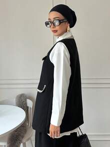 Livesso Women's Business Casual Knitted Sleeveless Jacket With Strap Patchwork,Fall Clothes Vest - Black - View 7