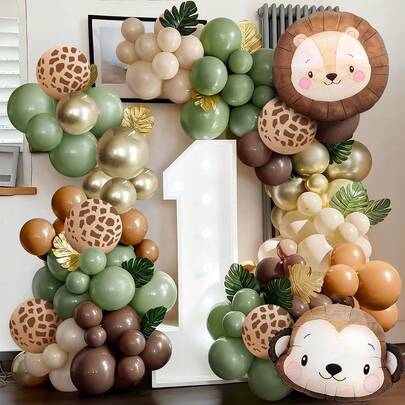 104 piezas Conjunto de globos de animales, que incluye globos de aluminio de animales gigantes como león y mono, combinación de guirnalda de globos de color verde claro y marrón, adecuado para decoración de fiesta de cumpleaños con tema de animales, baby shower, decoración de para 1er cumpleaños