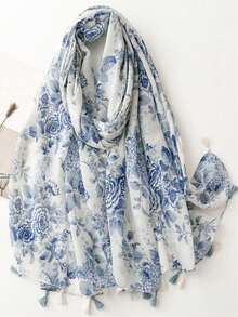Khăn choàng in họa tiết đơn giản phong cách Boho 1 chiếc, Khăn lụa nữ cho mùa xuân/hè, Khăn chống nắng, Khăn choàng cổ ấm áp, Khăn choàng dài thời trang, Phụ kiện khăn choàng đa năng cho nữ - Xanh và trắng - Xem 8