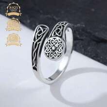 1 pieza Anillo de plata de ley 925 vintage elegante con diseño geométrico de círculo y nudo celta, regalo para mujer, adecuado para vacaciones, fiesta, boda, cumpleaños - Plata antigua - Ver 3