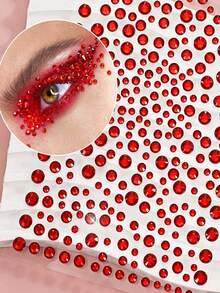 1Sheet/325pcs Christmas Multisize 3D Imitation Synthetic Gemstone Face Rhinestone Stickers,3D Large Size Sparkling Red Color DIY Makeup Christmas Party Masquerade Eye & Face Decoration For Party Music Festival,Concert Look,Face Gems - Red - View 2